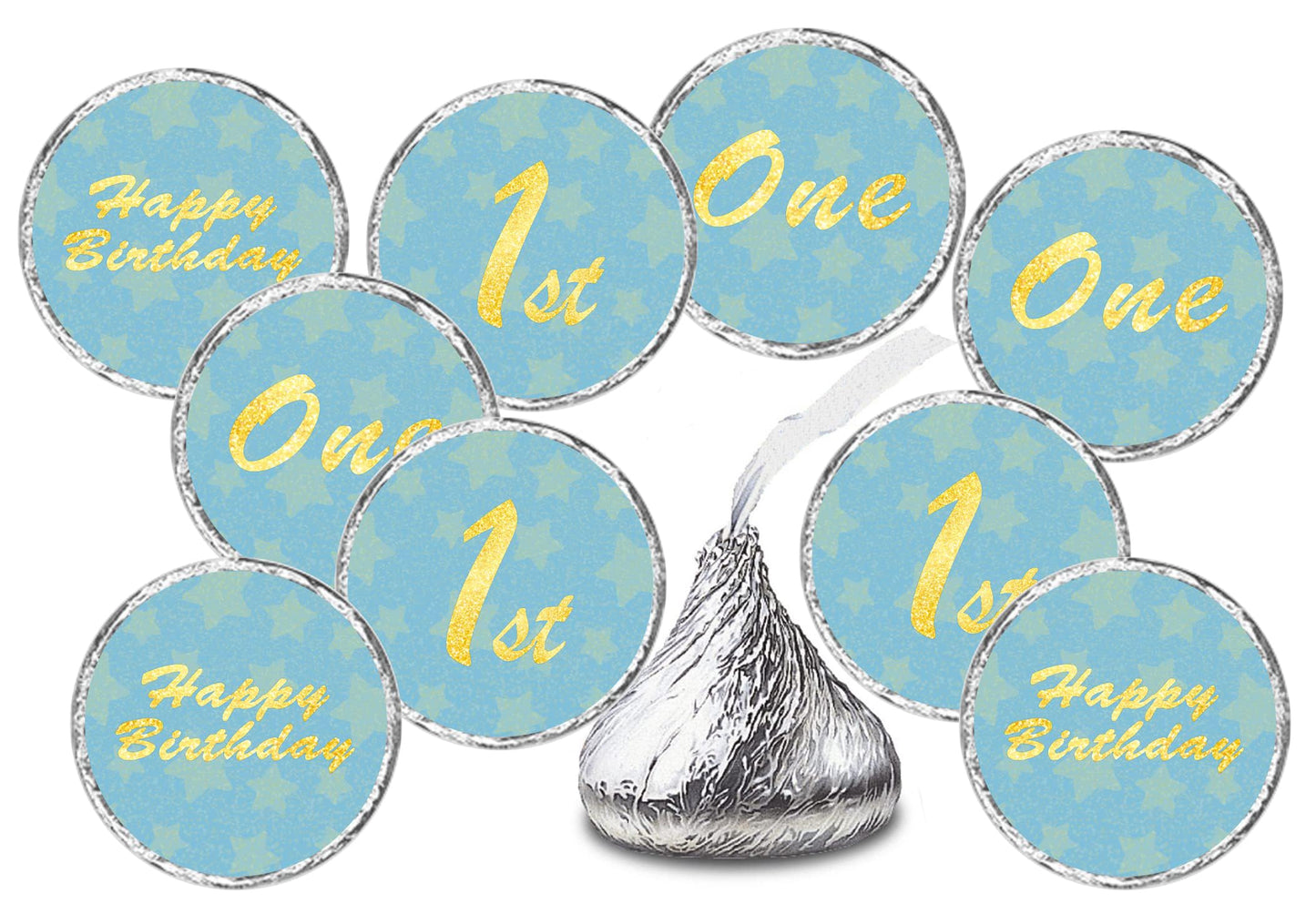 1st Birthday Kisses Stickers, One Blue Kiss Labels for Boy Happy Birthday Party, Chocolate Drop Tabletop Decorations, Candy Not Included. Made in USA