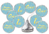 1st Birthday Kisses Stickers, One Blue Kiss Labels for Boy Happy Birthday Party, Chocolate Drop Tabletop Decorations, Candy Not Included. Made in USA