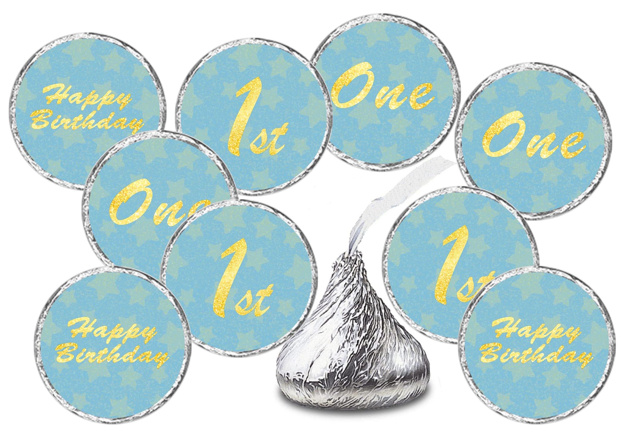 1st Birthday Kisses Stickers, One Blue Kiss Labels for Boy Happy Birthday Party, Chocolate Drop Tabletop Decorations, Candy Not Included. Made in USA