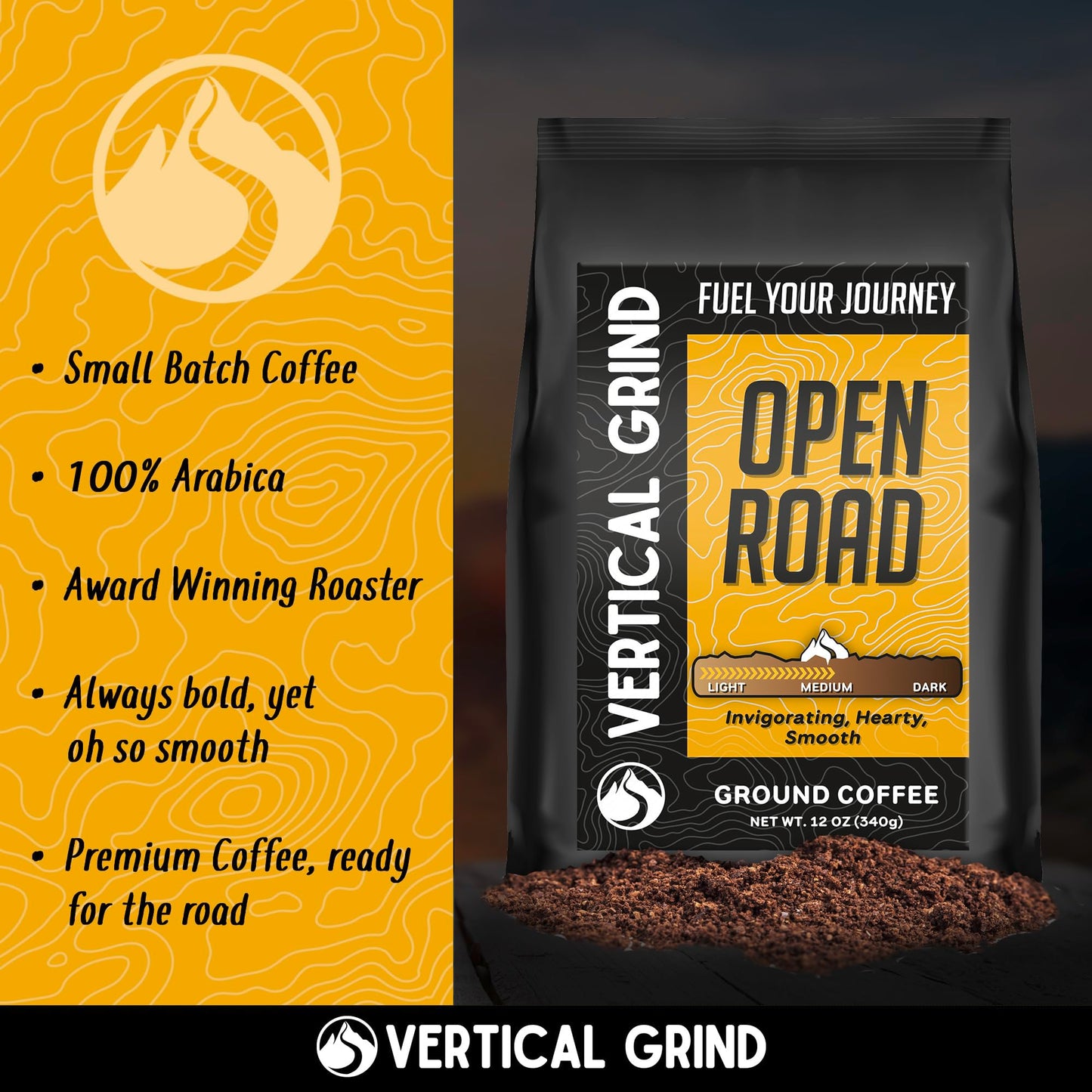 Vertical Grind Open Road - Arabica Ground Coffee Medium Roast, Small-Batch Roasted, Bold Smooth Flavor, Hints of Hazelnut & Chocolate