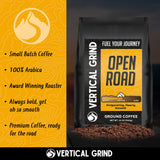 Vertical Grind Open Road - Arabica Ground Coffee Medium Roast, Small-Batch Roasted, Bold Smooth Flavor, Hints of Hazelnut & Chocolate
