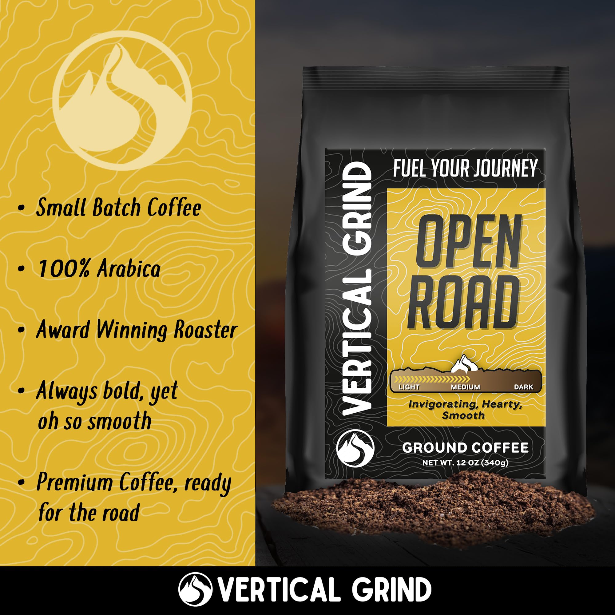 Vertical Grind Open Road - Arabica Ground Coffee Medium Roast, Small-Batch Roasted, Bold Smooth Flavor, Hints of Hazelnut & Chocolate