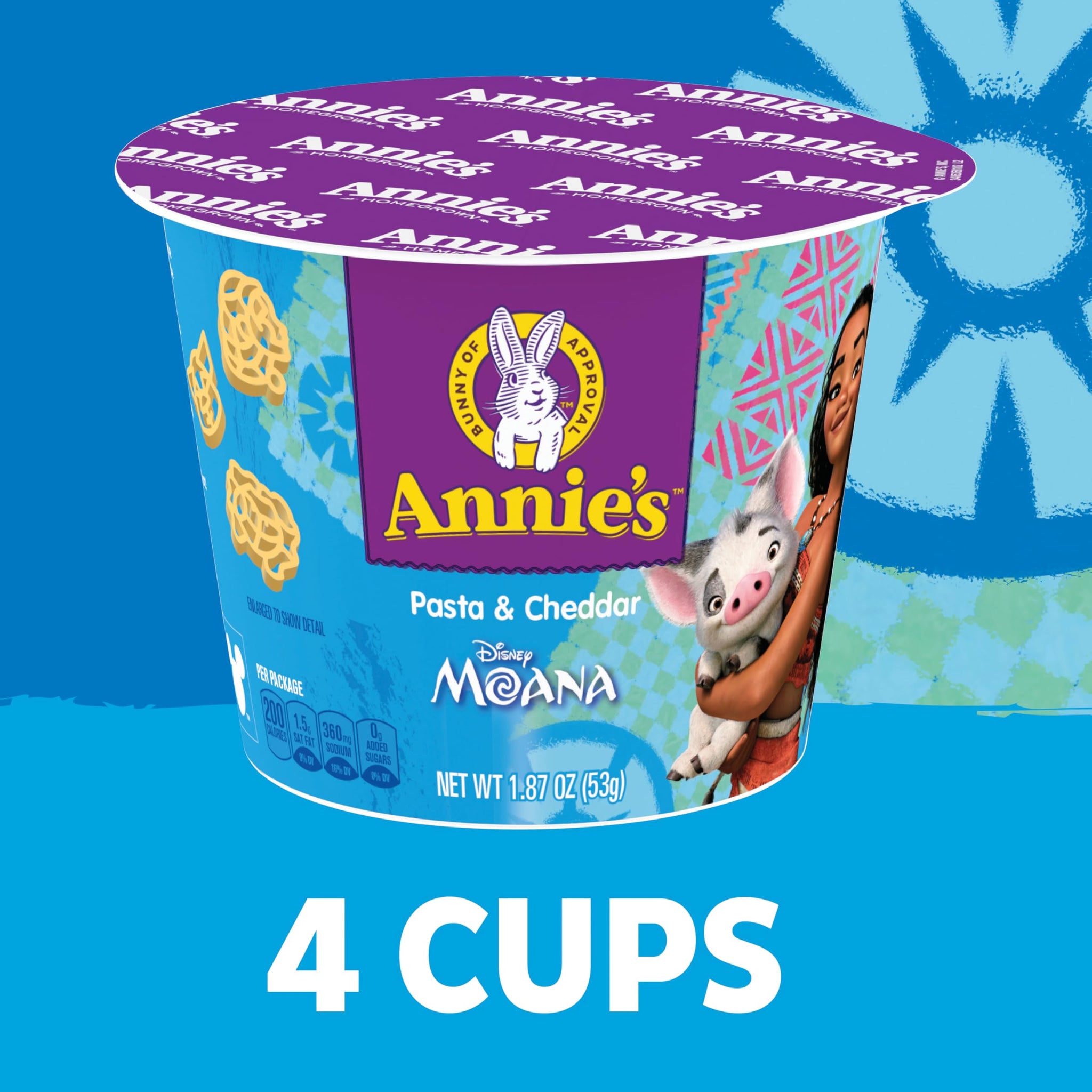 Annie's Disney Moana Pasta and Cheddar Macaroni and Cheese Cups, Kids Dinner Side or Snack, 4 Ct, 7.48 oz