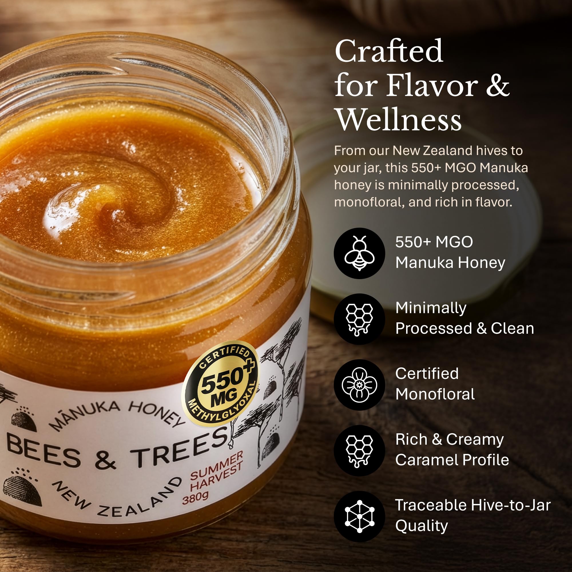 Bees & Trees Manuka Honey 550+ MGO - Raw, Pure New Zealand Monofloral Honey - Unpasteurized & Minimally Filtered - Ideal for Tea, Coffee, Dressings