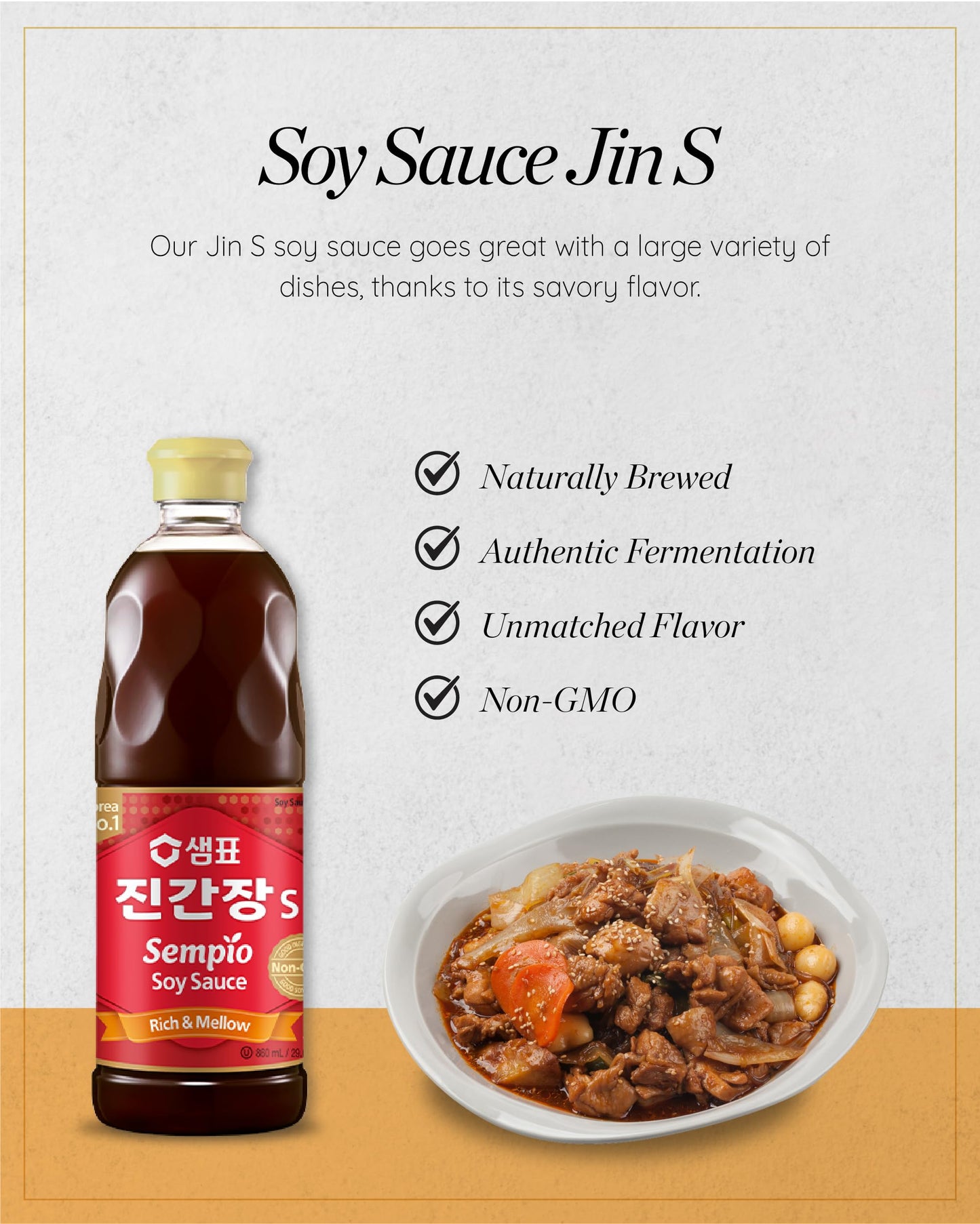 Sempio Authentic Korean Soy Sauce Jin S All Purpose - Robust Exotic Spice Flavor, Savory Sweet Aroma with Honey & Caramel Notes - Kosher, Vegan