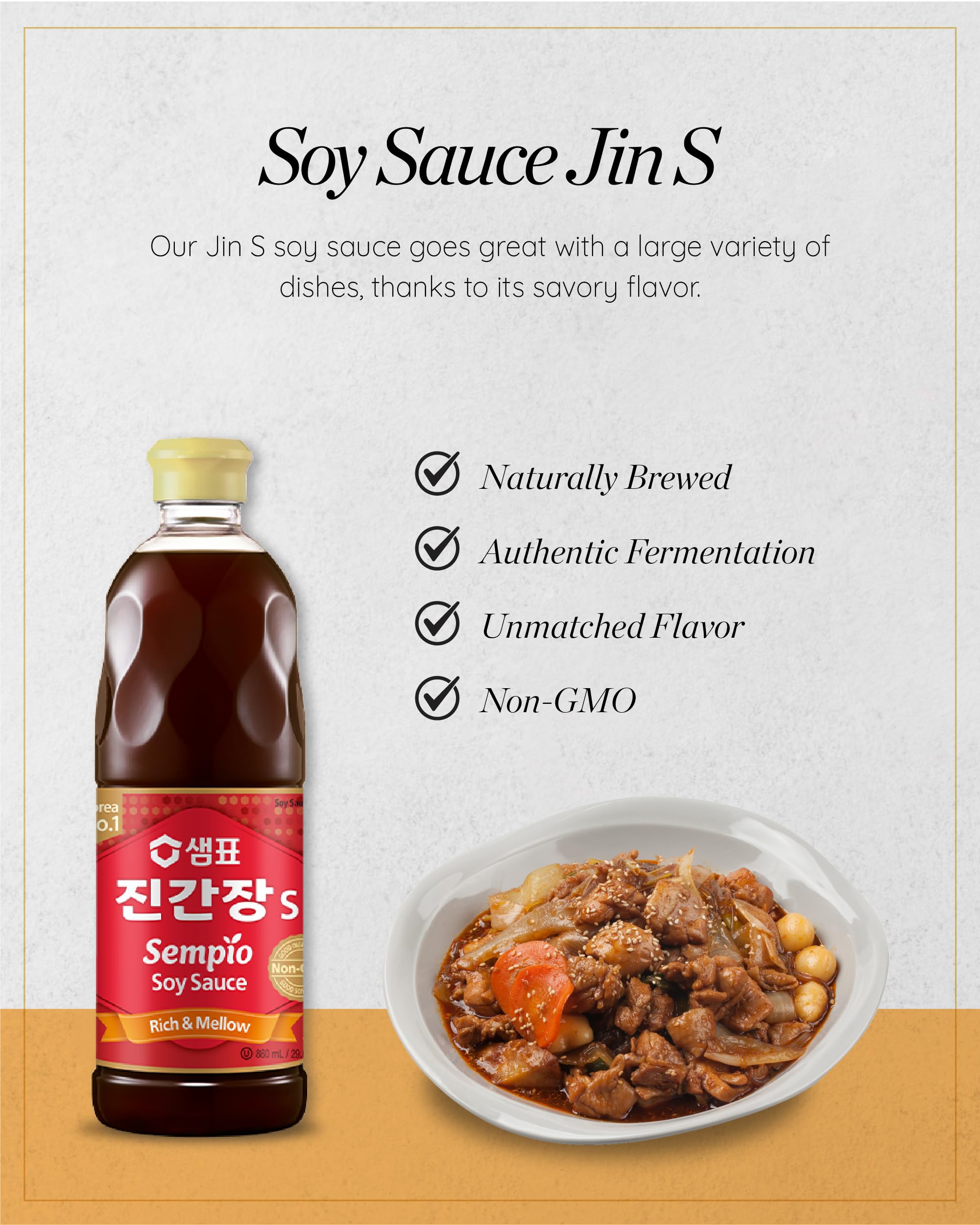 Sempio Authentic Korean Soy Sauce Jin S All Purpose - Robust Exotic Spice Flavor, Savory Sweet Aroma with Honey & Caramel Notes - Kosher, Vegan