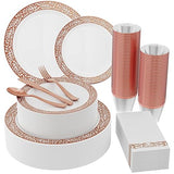?????? Count Rose Gold Plastic Dinnerware Disposable Plates 30 Dinner & 30 Dessert Plates & 30 Cups & 30 Rose Gold Paper Napkins & 30 Plastic Silverware