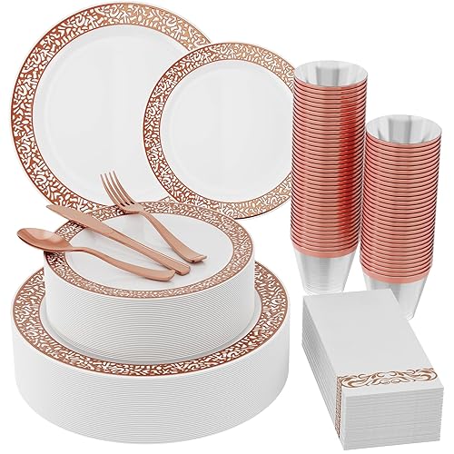 ?????? Count Rose Gold Plastic Dinnerware Disposable Plates 30 Dinner & 30 Dessert Plates & 30 Cups & 30 Rose Gold Paper Napkins & 30 Plastic Silverware