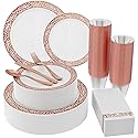 ?????? Count Rose Gold Plastic Dinnerware Disposable Plates 30 Dinner & 30 Dessert Plates & 30 Cups & 30 Rose Gold Paper Napkins & 30 Plastic Silverware