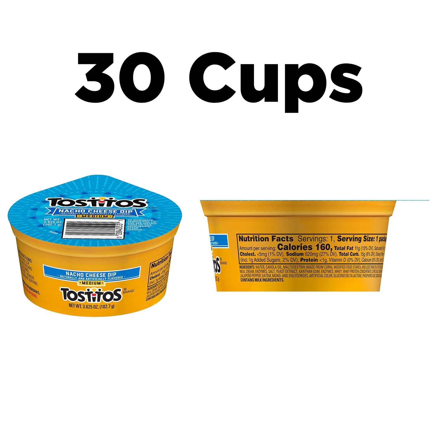 Tostitos Dips, Queso To Go Nacho Cheese Dip, Medium, 3.625 oz Cups (30 Pack)