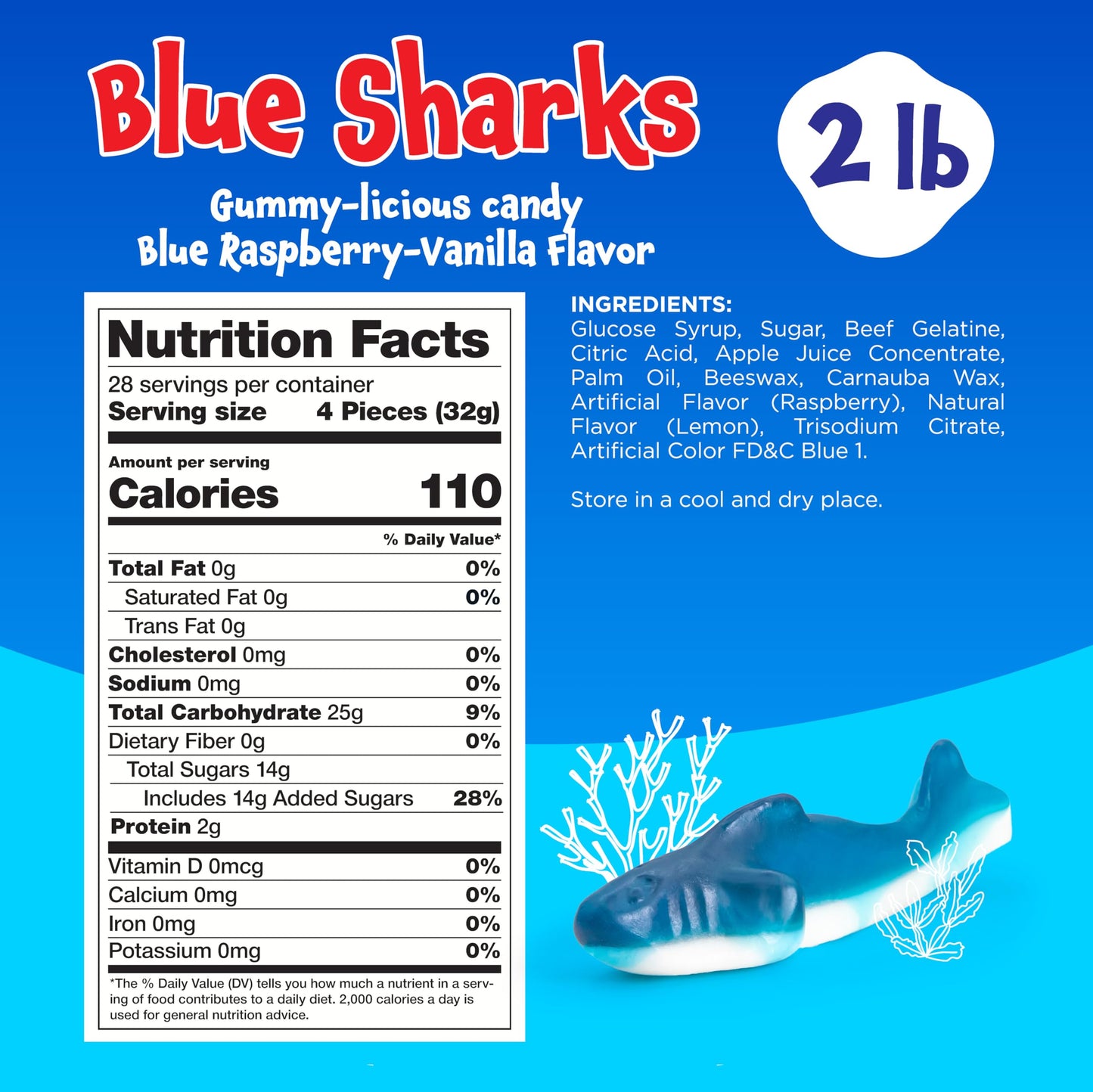 Gummy Sharks - 2 Pound Pack - Blue Shark Gummies - Blue Candy for Goodie Bags, Gifting, Snacking & Dessert Decorating - Chewy Candy with Raspberry
