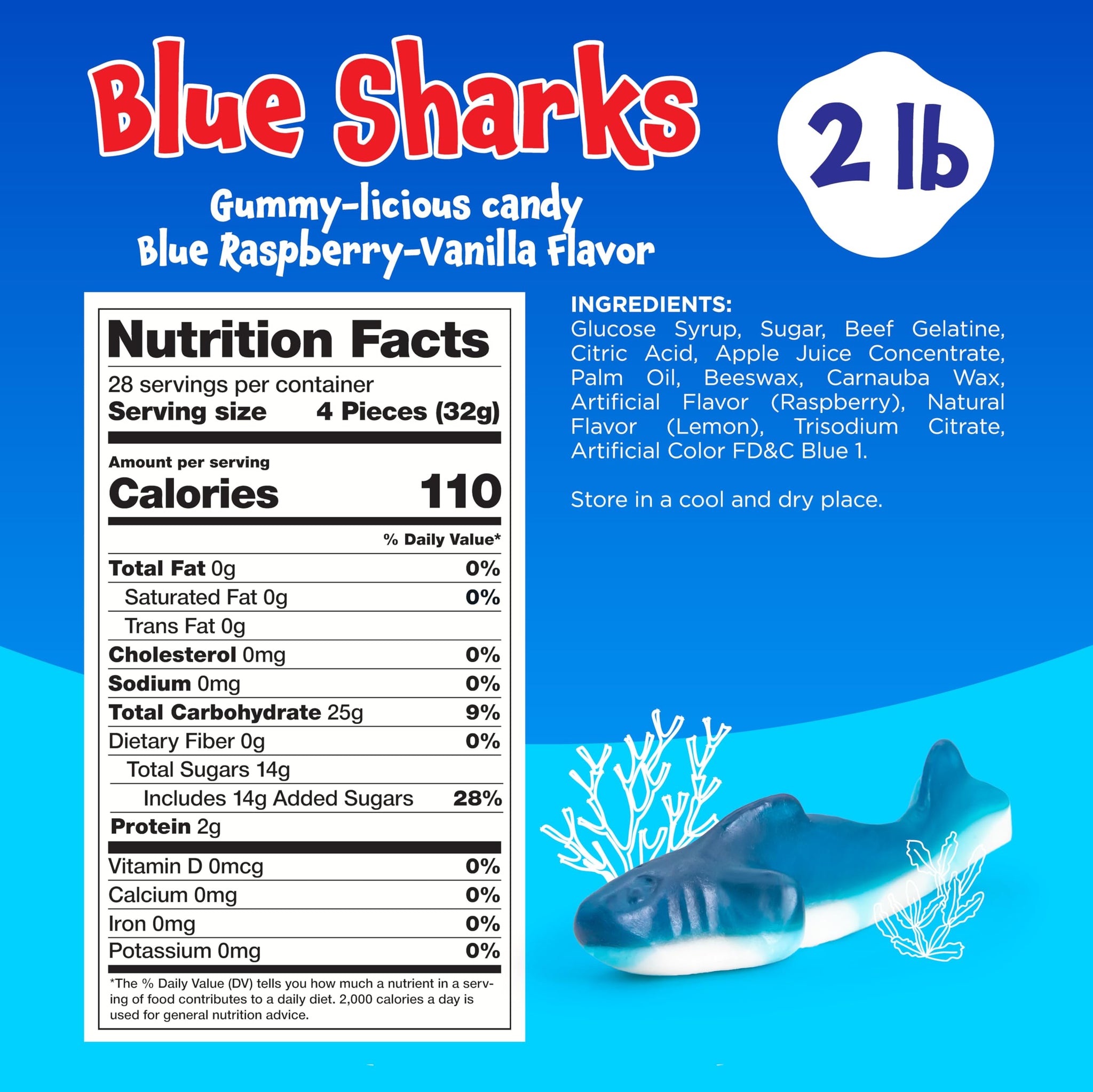 Gummy Sharks - 2 Pound Pack - Blue Shark Gummies - Blue Candy for Goodie Bags, Gifting, Snacking & Dessert Decorating - Chewy Candy with Raspberry