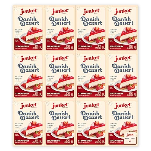 Junket Danish Dessert Strawberry Mix - for Strawberry Pie Filling, Cheesecake Topping, Sauces, Puddings, and Glazes. Easy! Add Water, Heat 60 Seconds, Add Fresh Fruit - Enjoy! 4.75 Ounce (Pack of 12)