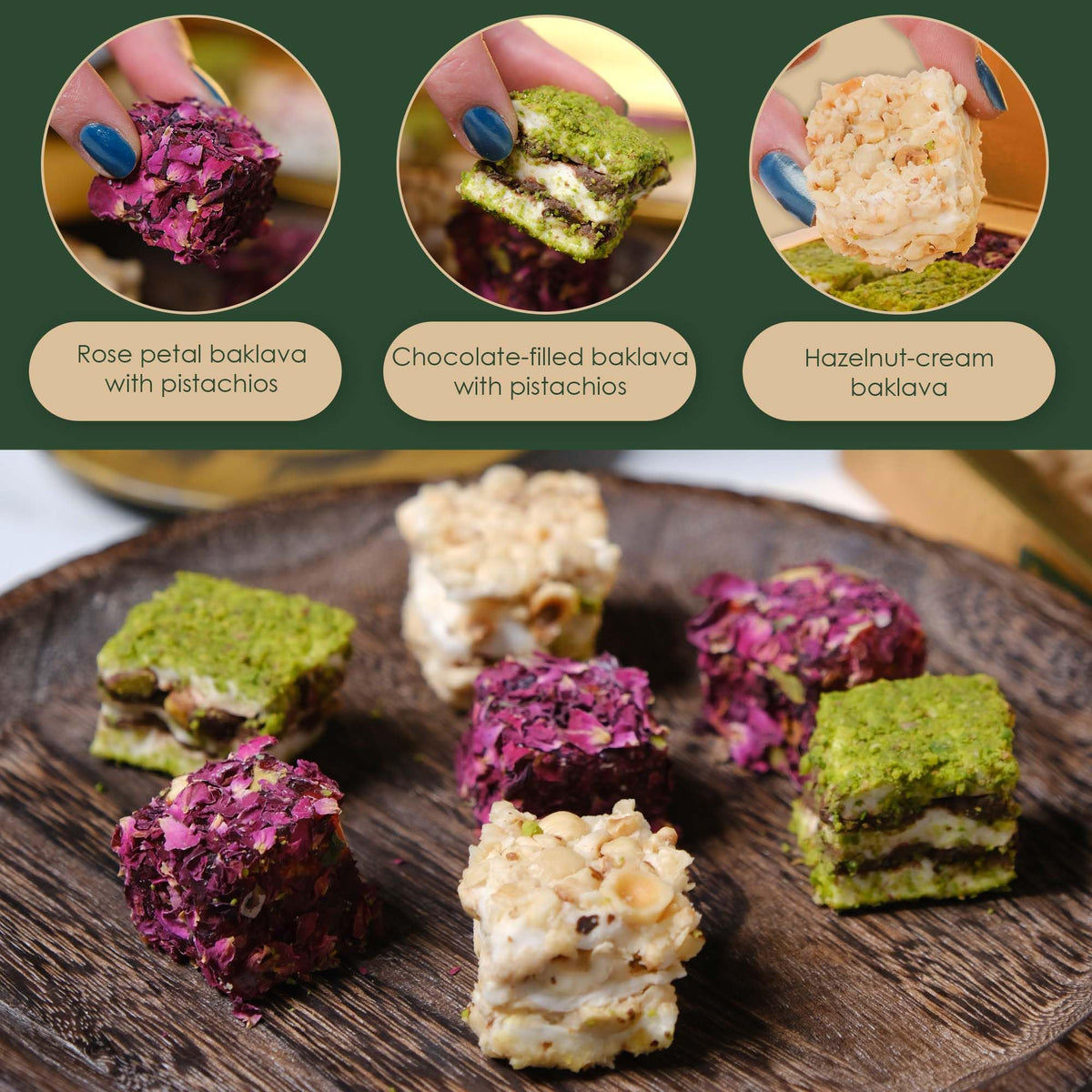 Rose & Pistachio Baklava Style Turkish Delight - Hazelnut Cream, Chocolate & Rose Petal Lokum Candy Box, Gourmet Turkish Sweets, 17.6 oz (500g)