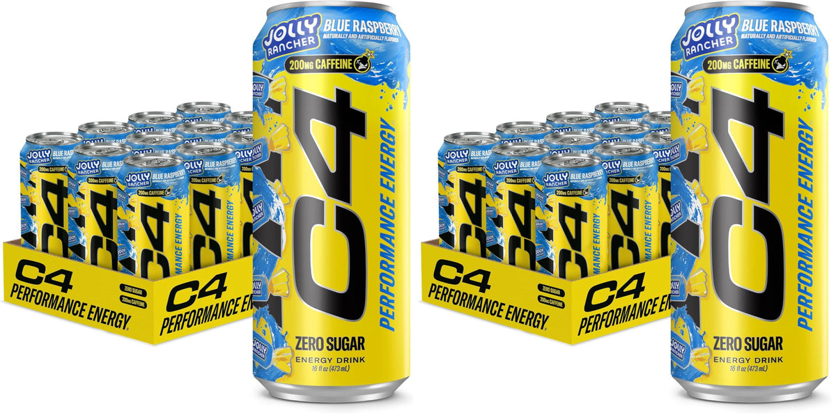 C4 Performance Energy Drink | JOLLY RANCHER Blue Raspberry | Zero Sugar Carbonated Preworkout Energy | 200mg Caffeine with Beta Alanine | 16 Fl Oz (24