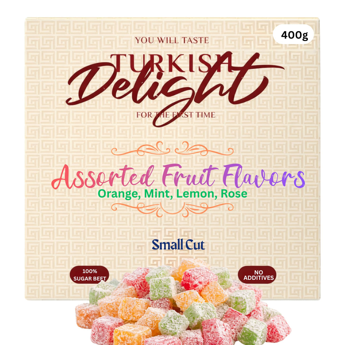 Assorted Turkish Delight (Small Cut/Ku? Lokumu) 400g - Fruit Flavored Lokum (Rose, Lemon, Orange, Mint) - Soft & Fresh, Coconut Coated, Traditional
