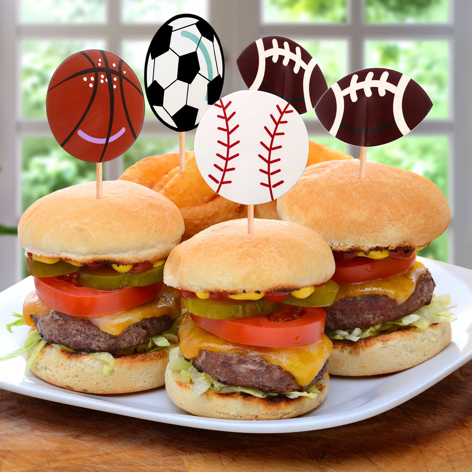 BLUE TOP 48pcs Two Side Sports Ball Cupcake Toppers Sports Theme Cupcake Picks Party Decor Football Baseball Basketball Rugby Decoration Picks