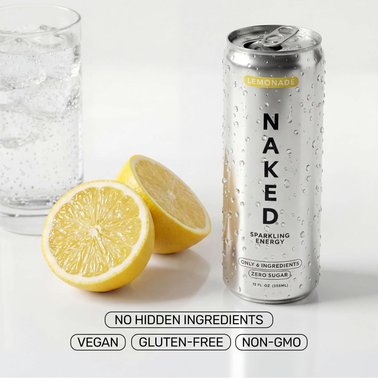 Naked Sparkling Energy Drink - Lemonade, Organic Caffeine, Organic Lemon Juice, Zero Sugar, No Sucralose, Naturally Sweetened, Clean Energy Drinks
