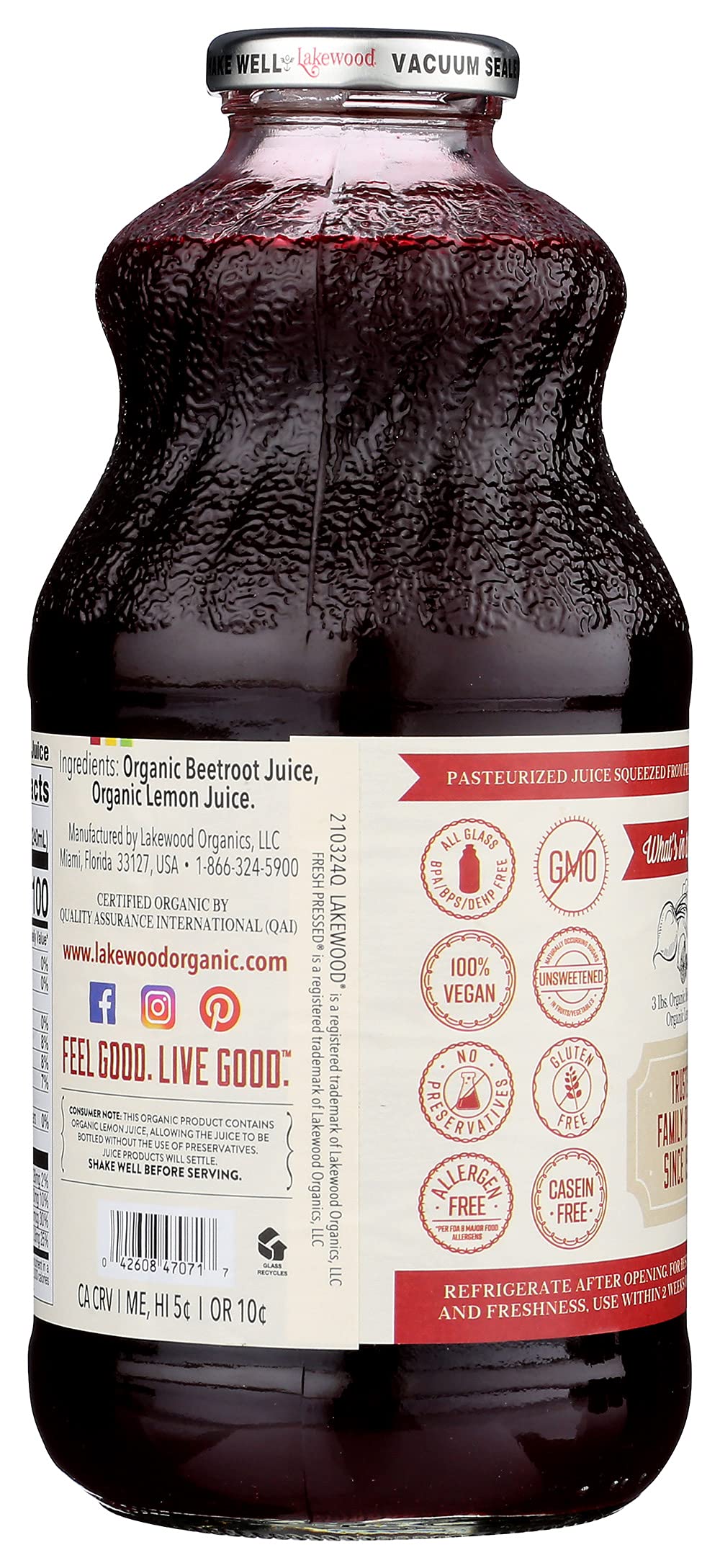 Lakewood Organic Pure Beet, Fresh Pressed, Beetroot, Bottle,Can, 32 Fl Oz, Pack of 6