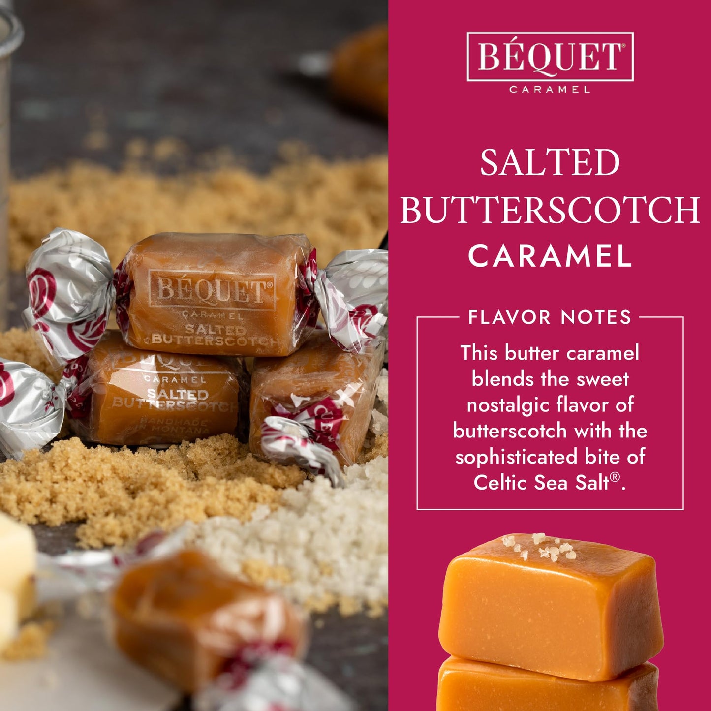 Béquet Salted Butterscotch Caramels - Soft, Individually Wrapped Gourmet Butterscotch Candy, Gluten?Free & Kosher - 24 oz Resealable Pouch