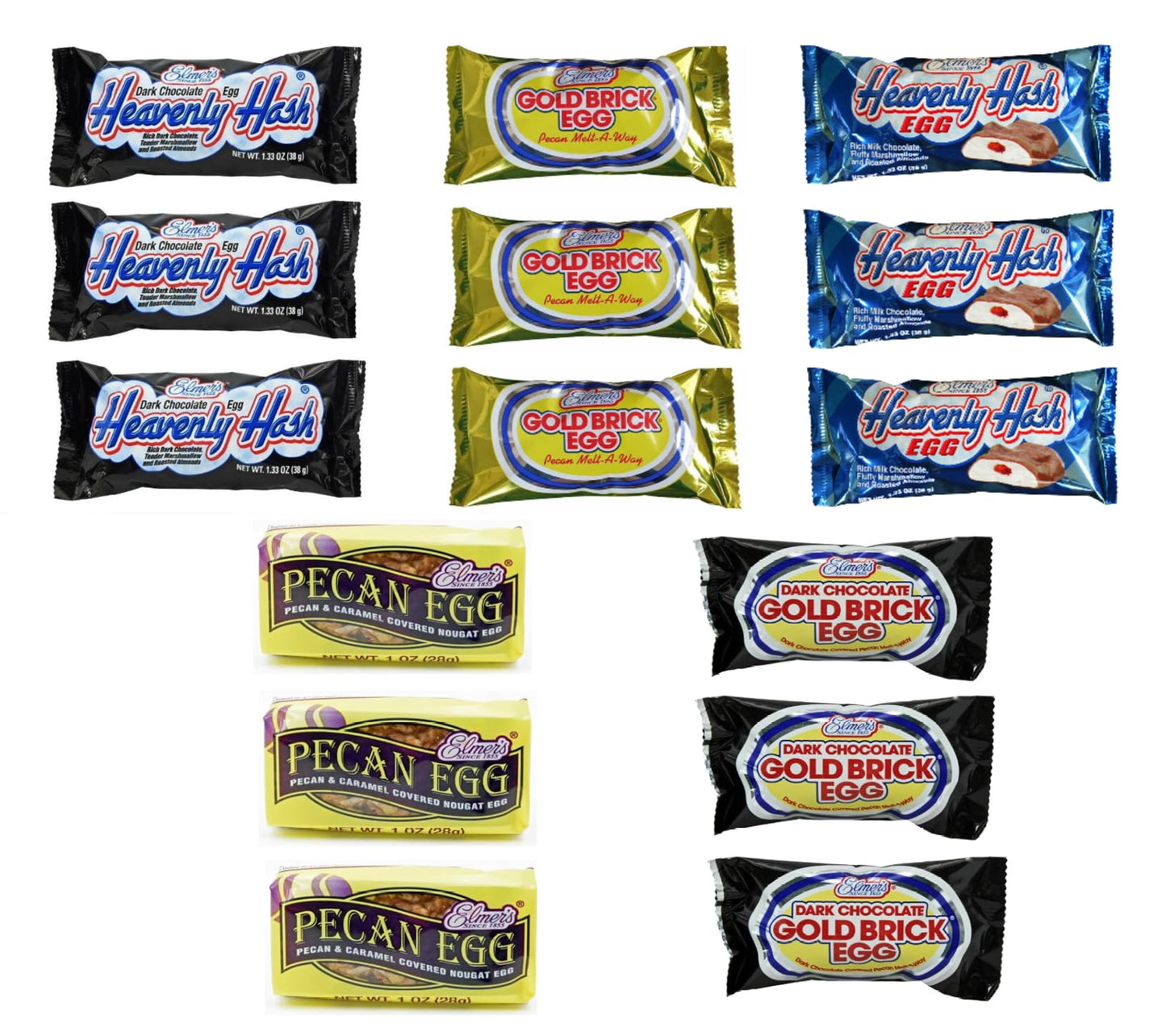Elmer Ultimate Egg Variety Pack - 15 Total Eggs - 3 of Each - Heavenly Hash, Gold Brick, Dark Chocolate Gold Brick - Pecan Egg - Dark Chocolate