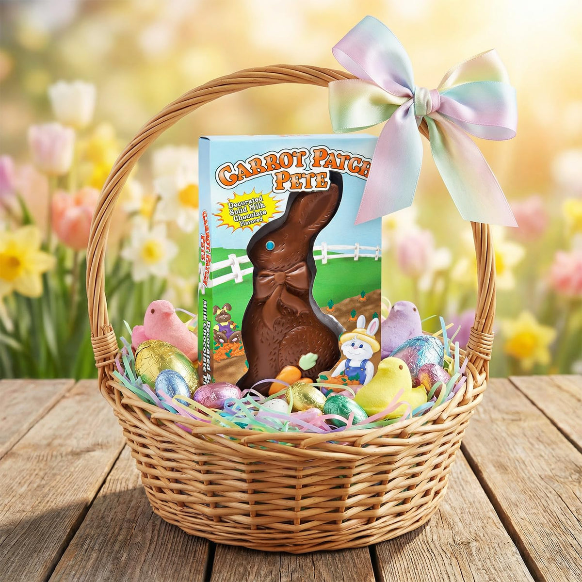 Easter Solid Milk Chocolate Bunny - Decorated Solid Chocolate Bunny with Candy Accents, Fun Easter Candy for Baskets, Egg Hunts & Gifts (3 oz)