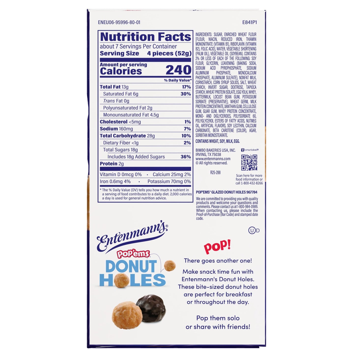 Entenmann's Pop’ems Glazed Donut Holes, Sugar Donut Bites, 13 oz Box