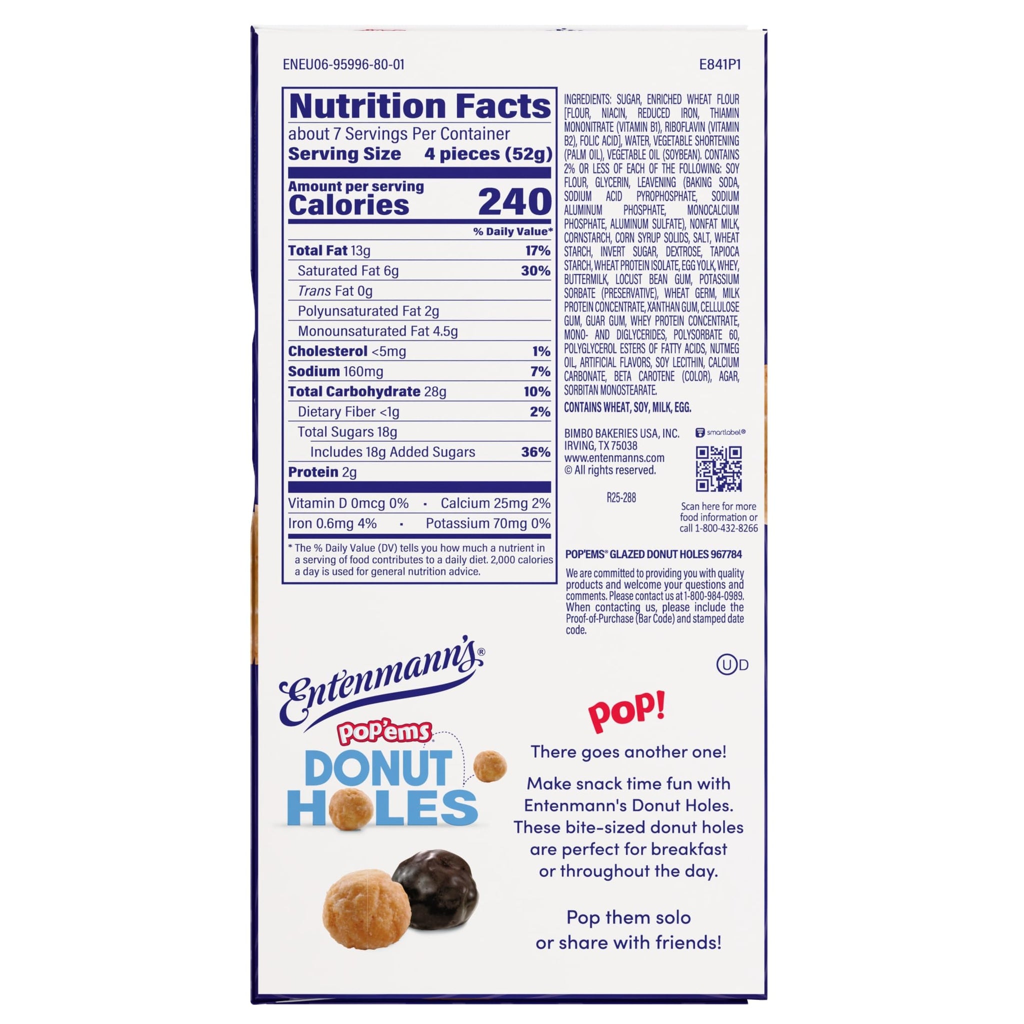 Entenmann's Pop’ems Glazed Donut Holes, Sugar Donut Bites, 13 oz Box