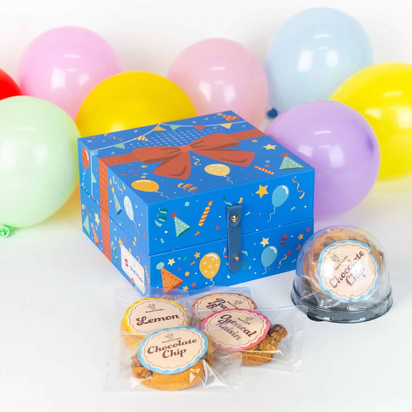 Happy Birthday Bloom Box by Send A Cake with 4 Individually Wrapped Gourmet Cookies (Lemon, Peanut Butter, Chocolate Chip, Oatmeal) - Ready to Gift