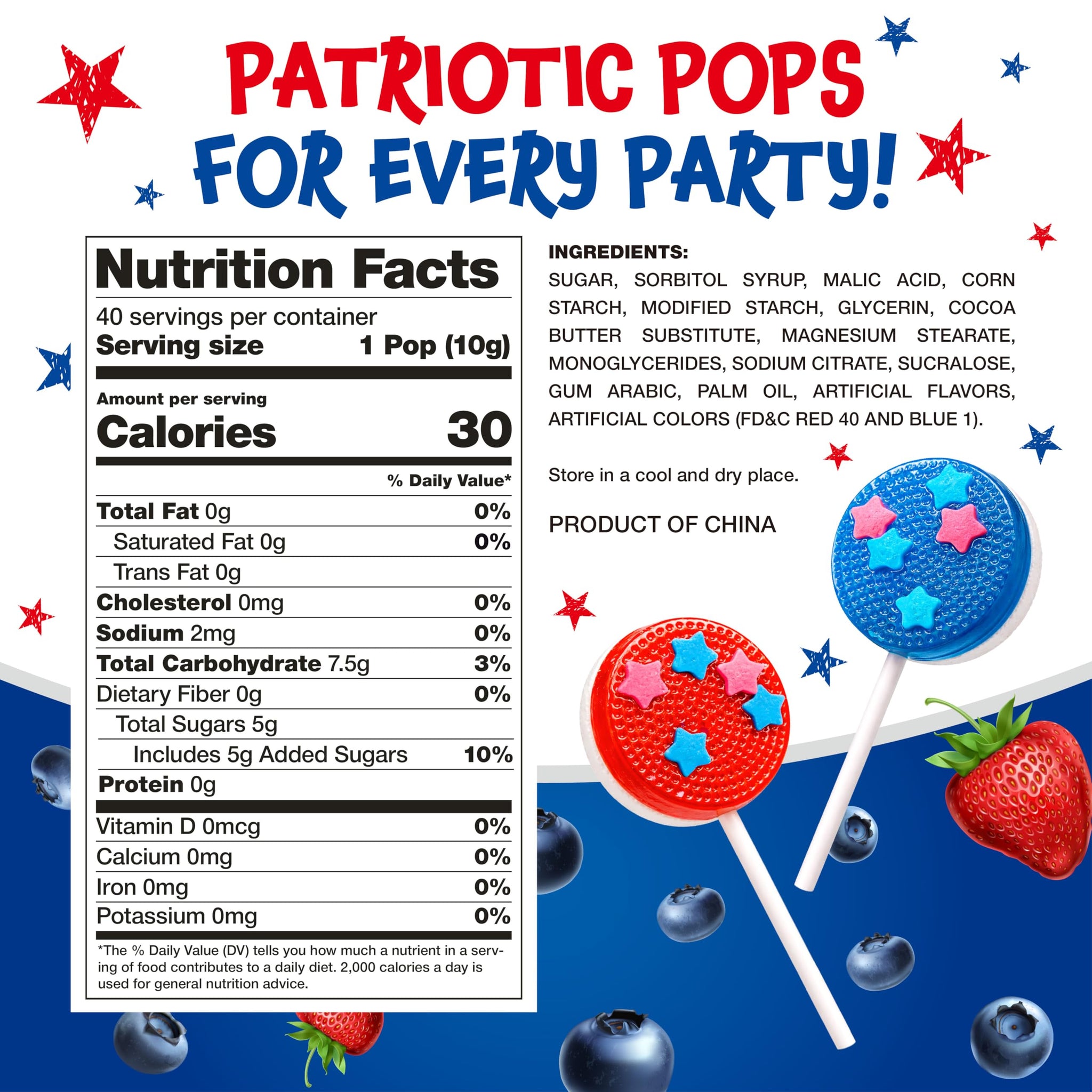 Patriotic Candy - 40 Count - 4th of July Lollipops Individually Wrapped - Red White and Blue Candy - Double-Sided Flat Lollipops - Strawberry