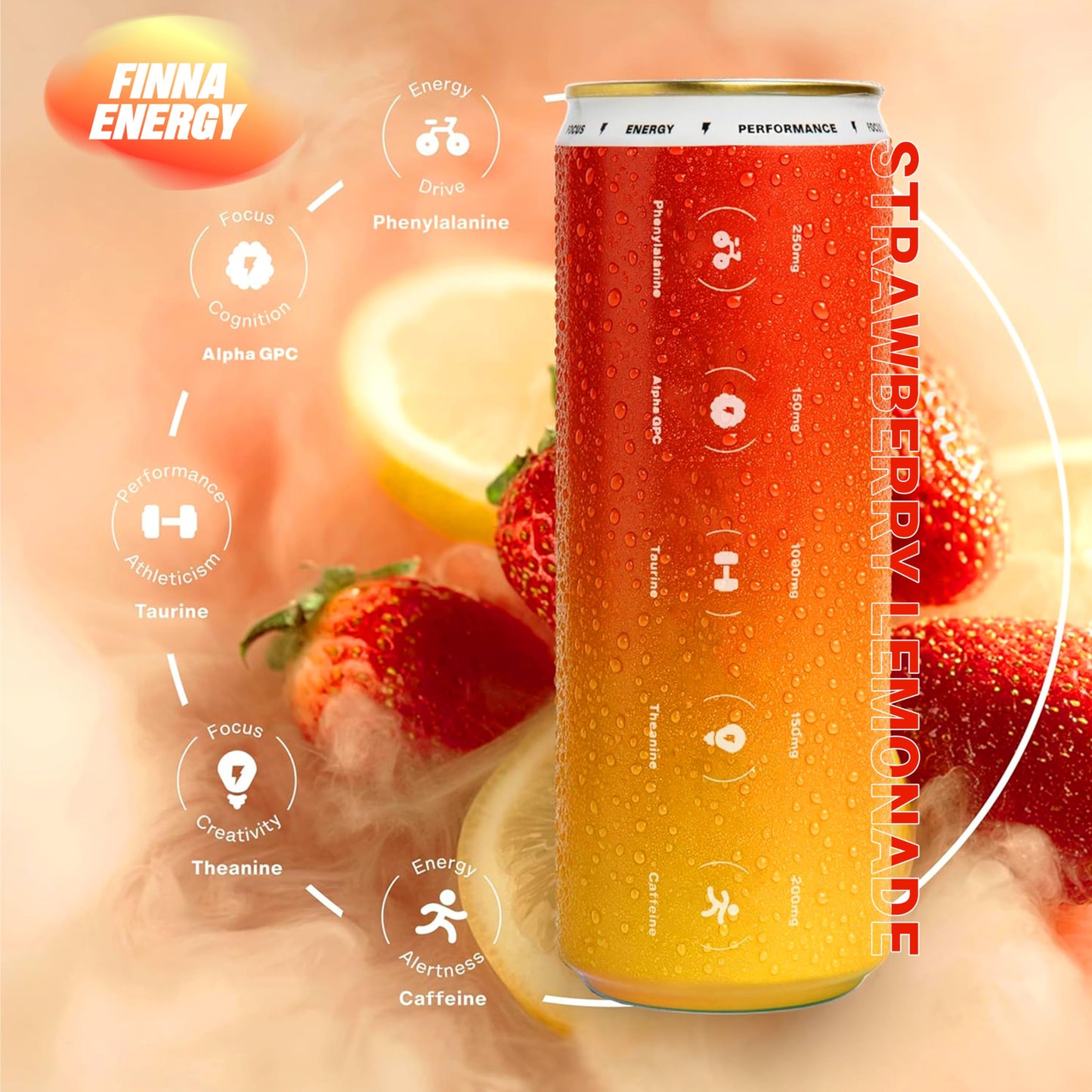 FINNA Energy Drink - Lightly Carbonated, 13 Ingredients for Focus, No Jitters, Less Preservatives, Low-Calorie, Suitable for Work, School & Gym