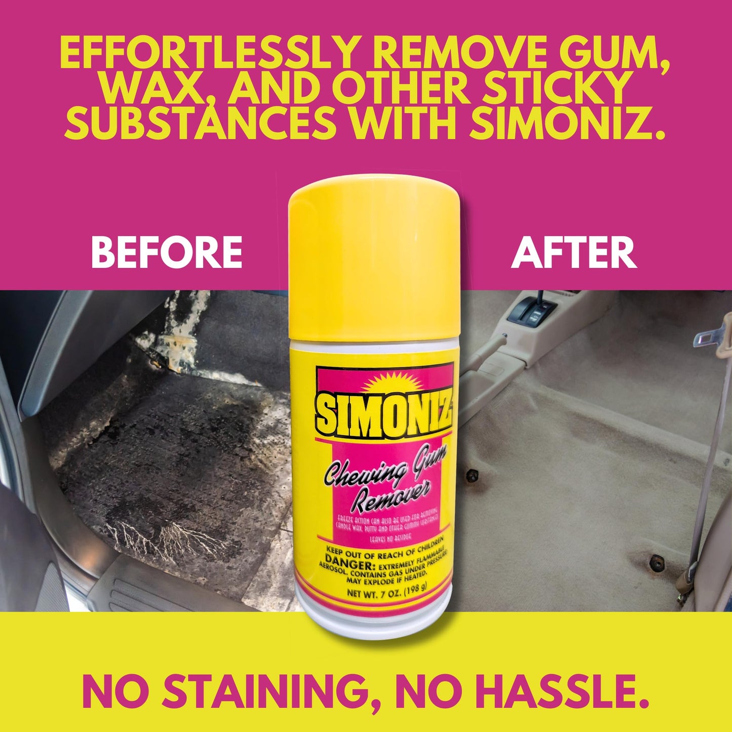 Simoniz Chewing Gum Remover Spray 7 Oz - 1 Pack - Targets Stubborn Residues & Adhesives on Carpet, Furniture, & More! Versatile for Cars, Candle Wax