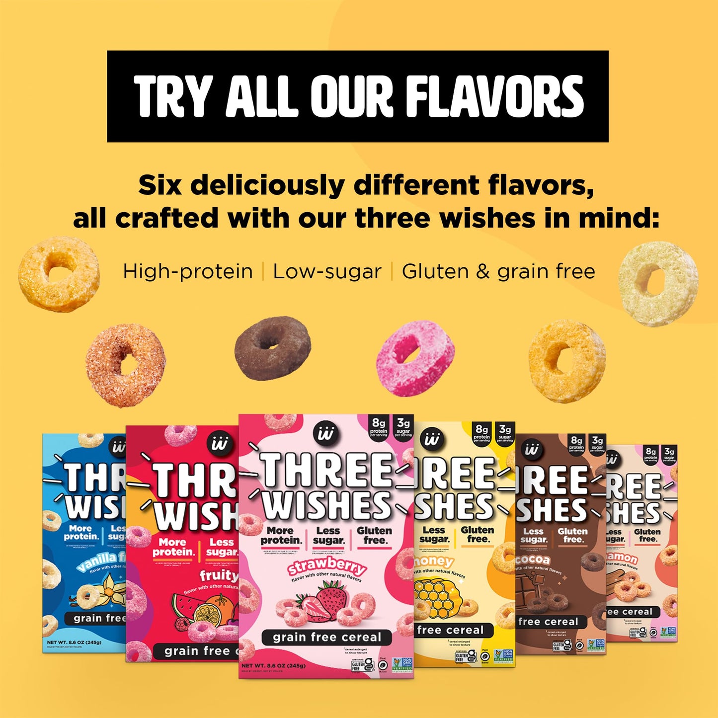 Three Wishes Grain-Free Protein Breakfast Cereal - 8g Protein and 3g Fiber - Healthy, Low Sugar Breakfast Cereal, Gluten Free, Vegan-Friendly, Non-GMO
