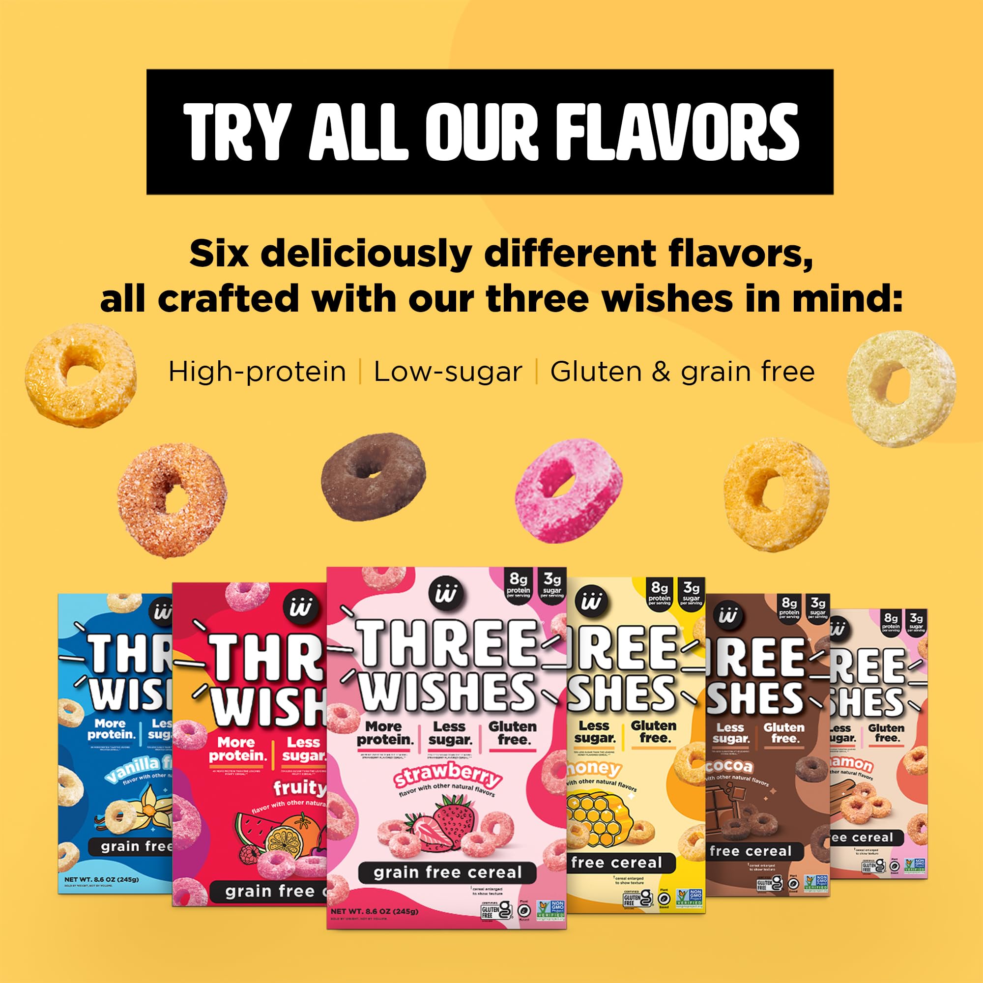Three Wishes Grain-Free Protein Breakfast Cereal - 8g Protein and 3g Fiber - Healthy, Low Sugar Breakfast Cereal, Gluten Free, Vegan-Friendly, Non-GMO
