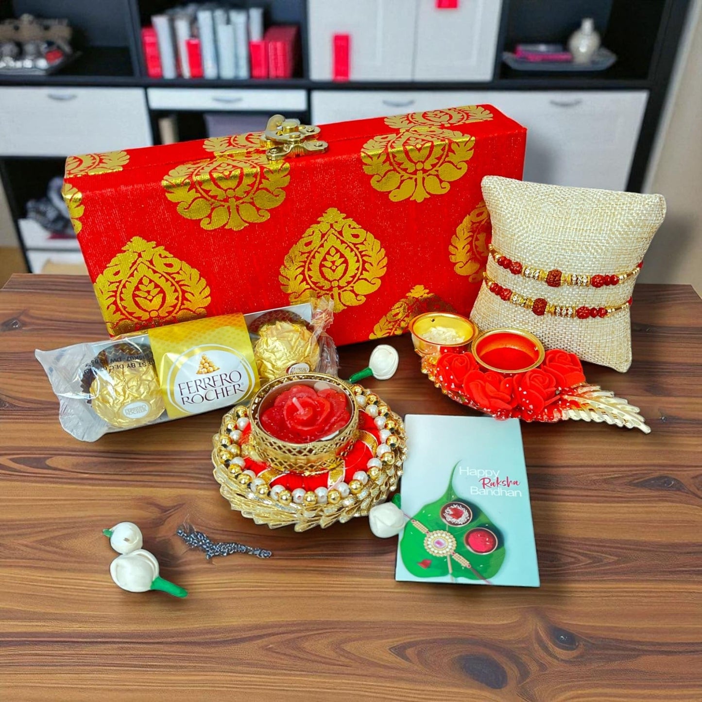 LoveNspire Rakhi Gift Hamper for Brother 2PC Rudraksha Rakhi with Candle Holder Haldi Kumkum Holder Roli Chawal Rakshabandhan Card Chocolates