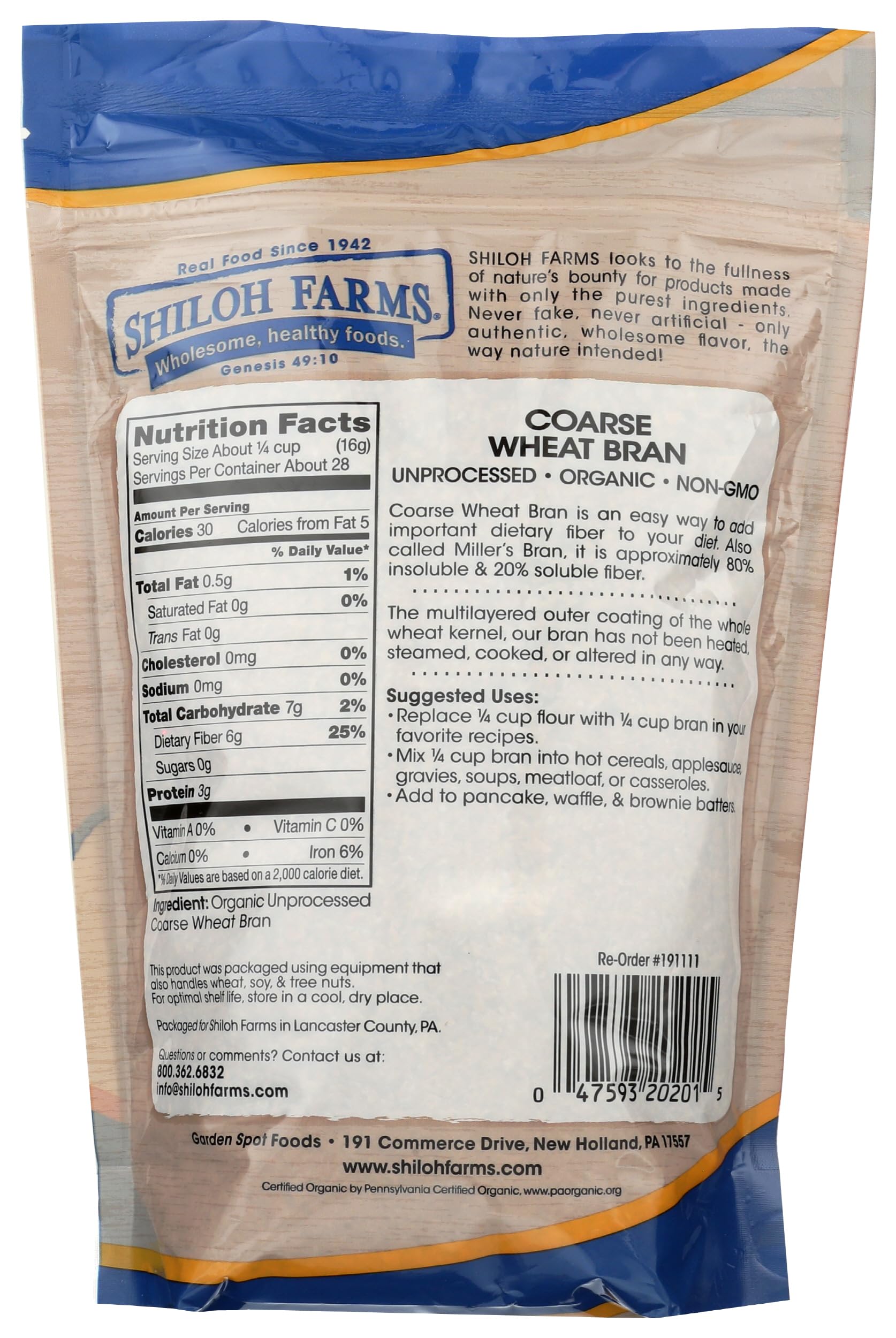 Shiloh Farms, Bran Coarse Organic, 16 Ounce