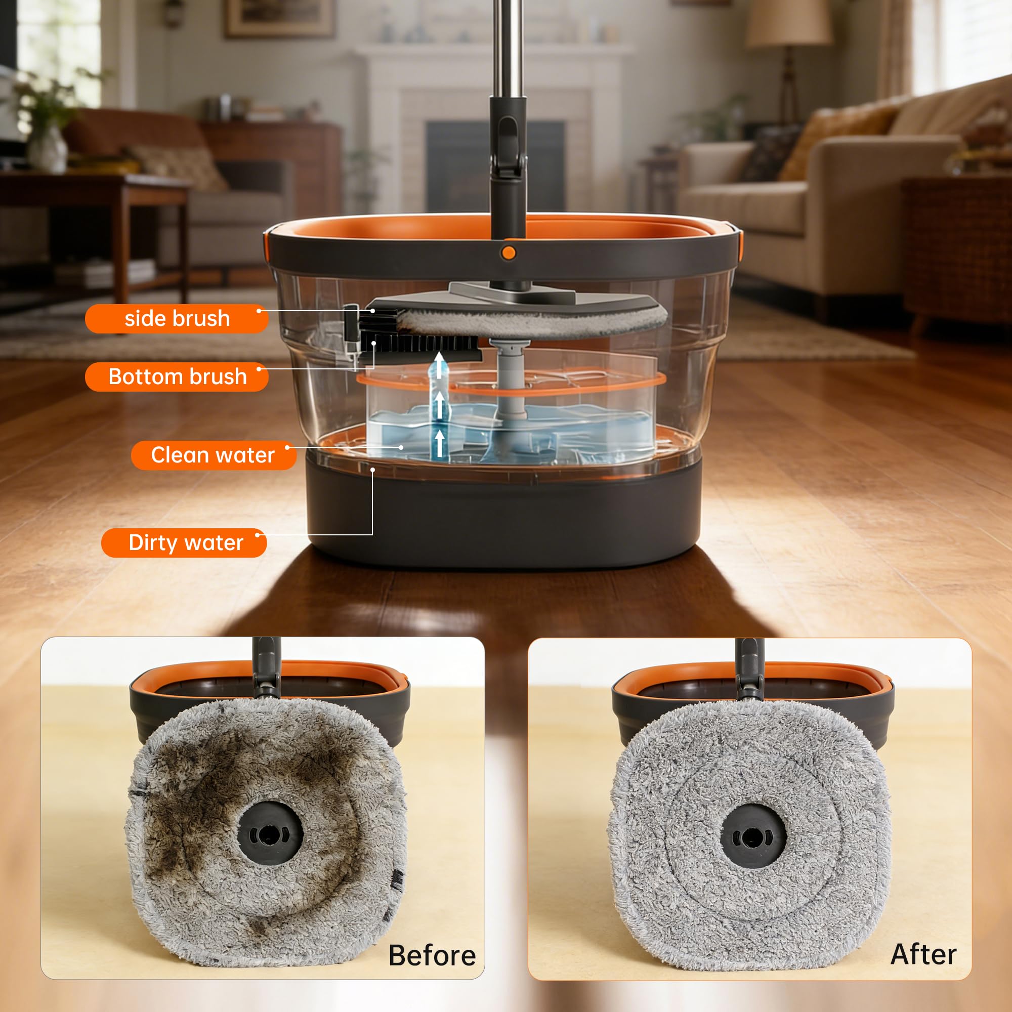 Collapsible Mop and Bucket Set, Spin Mop with Separate Dirty and Clean Water, 6 Replaceable Mopping Pads with Foldable Handle, Deep Cleaning Mops