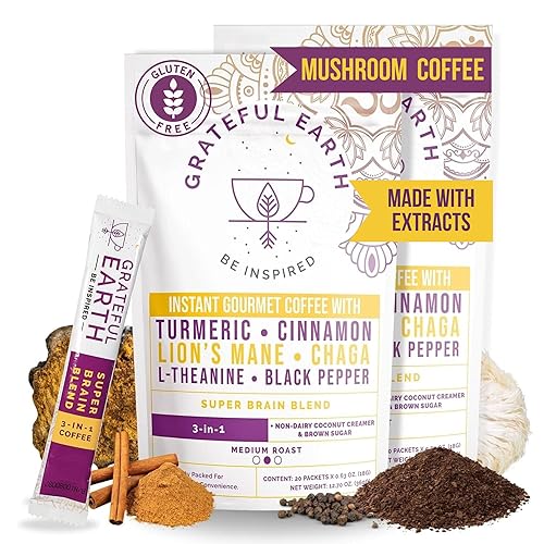 Grateful Earth Mushroom Coffee, Coconut Instant Coffee with Cinnamon, Turmeric, Lion’s Mane Mushrooms, L-Theanine, Chaga, Super Brain Blend, Energy