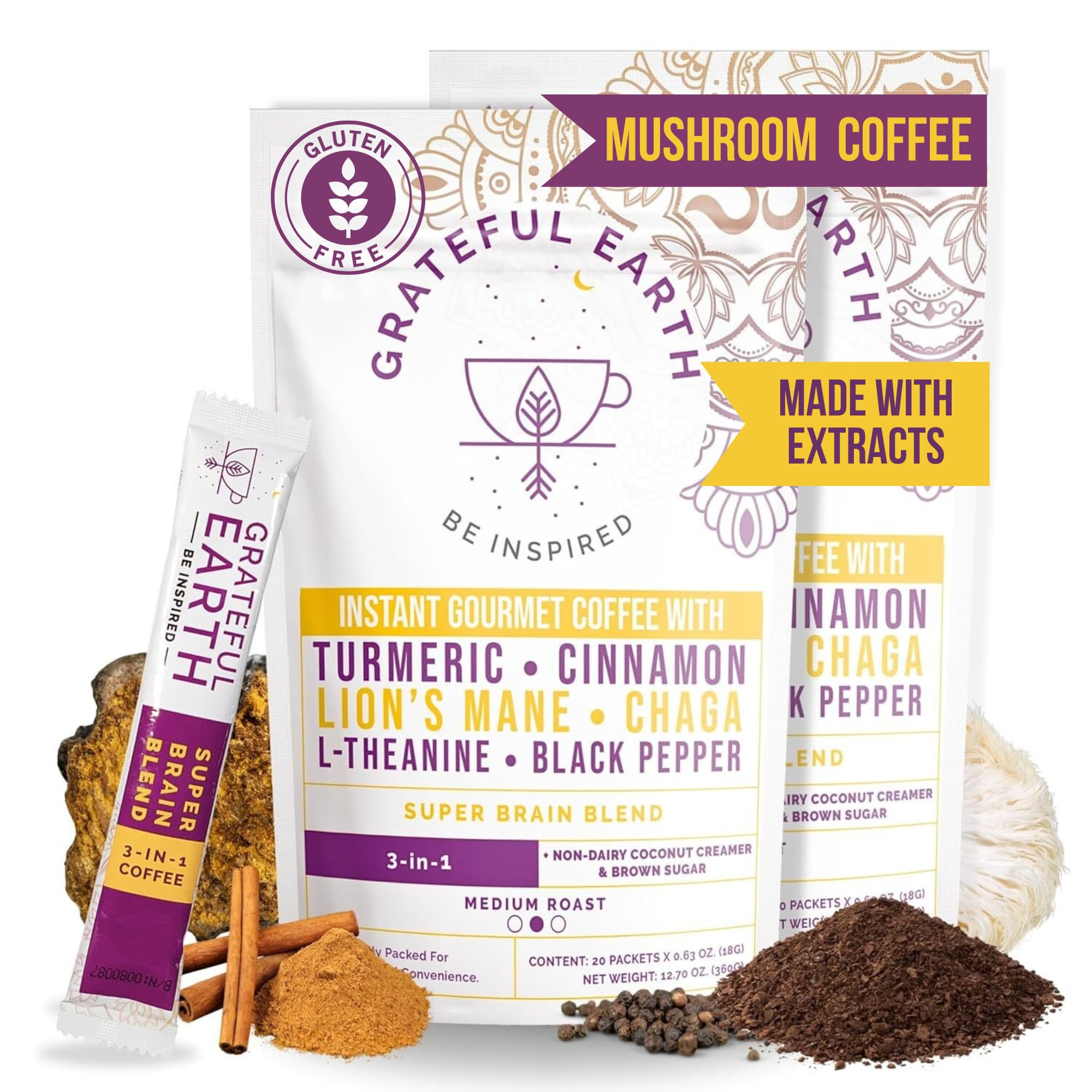 Grateful Earth Mushroom Coffee, Coconut Instant Coffee with Cinnamon, Turmeric, Lion’s Mane Mushrooms, L-Theanine, Chaga, Super Brain Blend, Energy