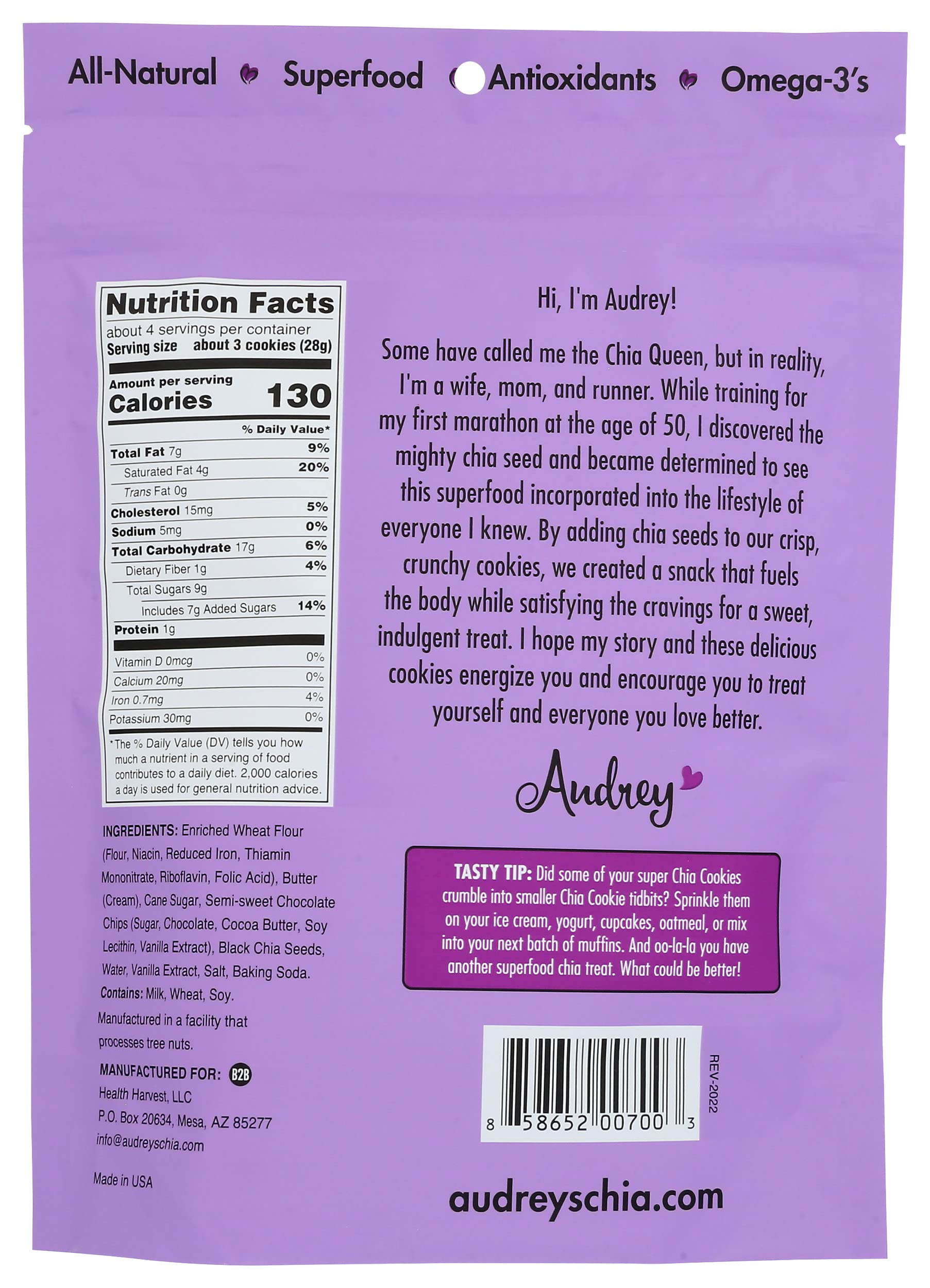 Audreys Chia Chia Chocolate Chip Cookies, 4 OZ