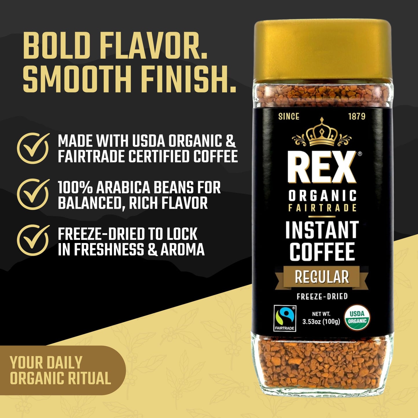 Rex Coffee Organic Fairtrade Freeze-Dried Instant Coffee - Medium Roast Arabica, 3.53 oz Glass Jar - Lab Tested for Mold, Mycotoxins, Heavy Metals