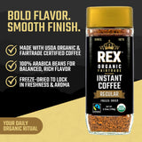 Rex Coffee Organic Fairtrade Freeze-Dried Instant Coffee - Medium Roast Arabica, 3.53 oz Glass Jar - Lab Tested for Mold, Mycotoxins, Heavy Metals