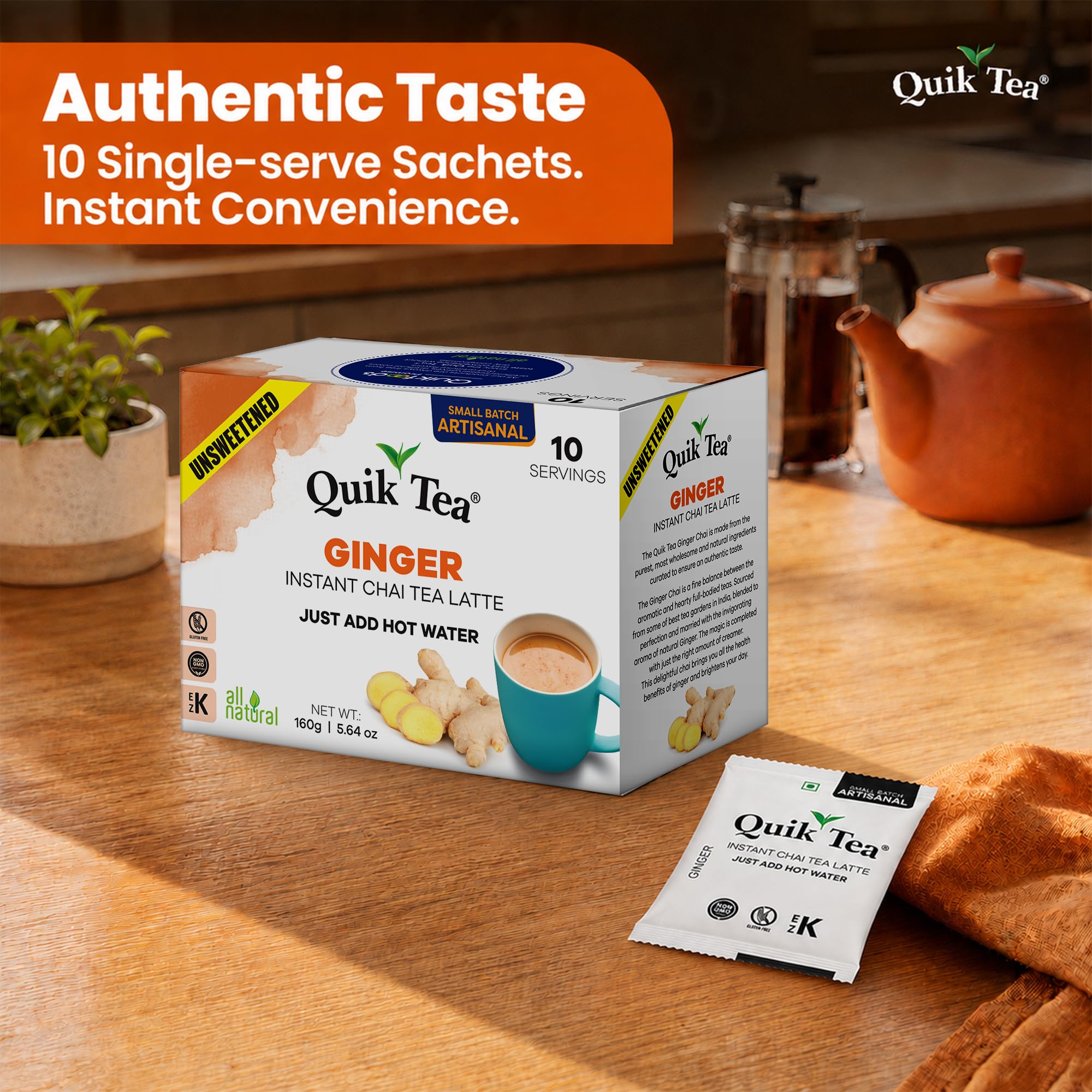 QuikTea Instant Ginger Chai Tea Latte Unsweetened, 10 Single-Serve Sachets, Artisanal Indian Chai Latte Mix, Just Add Hot Water, Low Caffeine