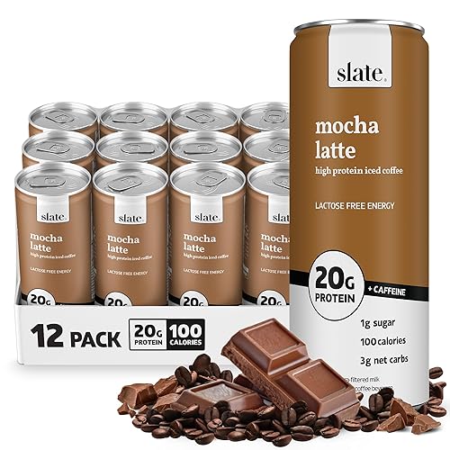 Slate Milk - High Protein Iced Coffee - Mocha Latte - 175mg Caffeine, Lactose Free Energy - 20g Protein, 1g Sugar, 100 Calories, 3g Net Carbs, No