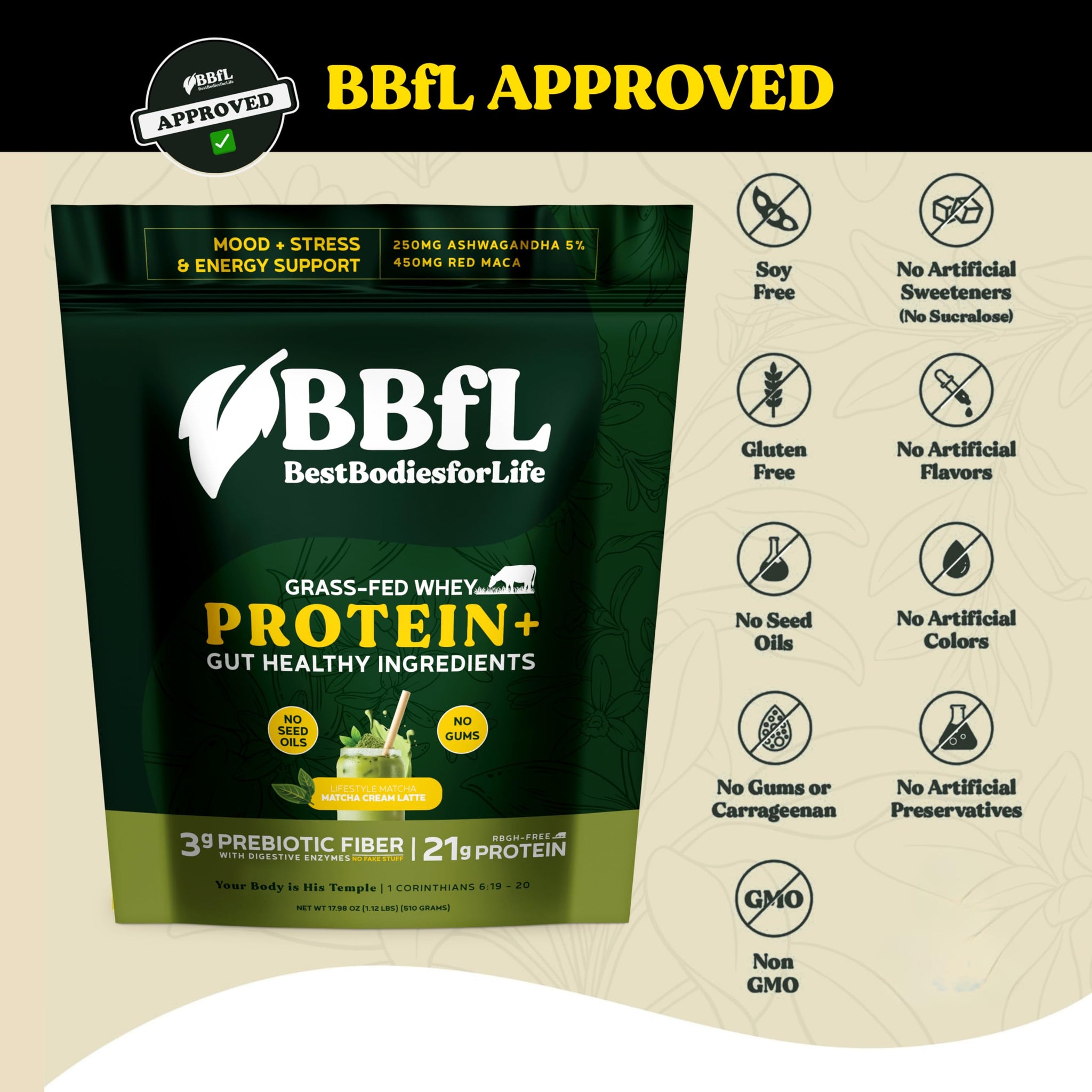 BBfL Grass-Fed Whey Protein Shake - 21g rBGH-Free Protein, Matcha + Apple Cider Vinegar, Prebiotics, Digestive Enzymes, Adaptogens for Stress & Mood