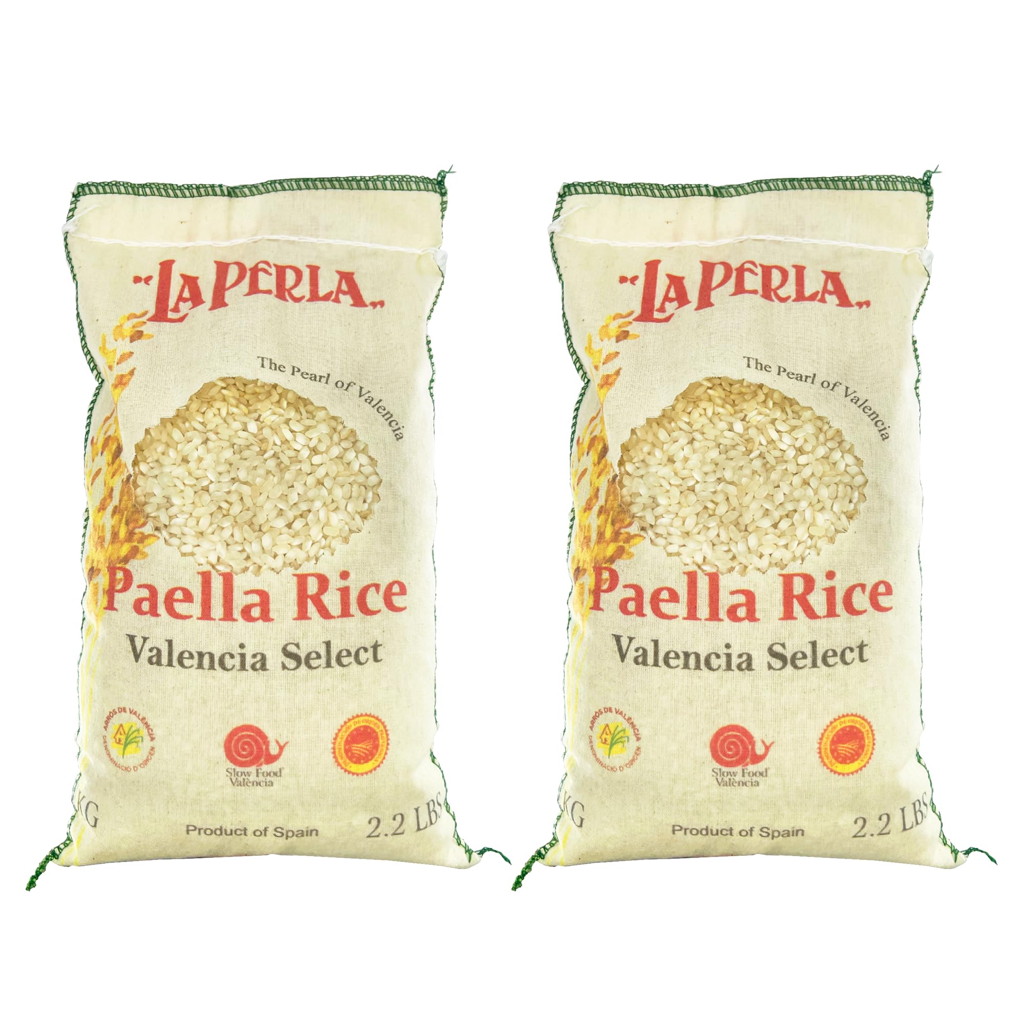La Perla | Paella Rice | Valencia Select | Denomination of Origin Valencia Spain | Slow Food Valencia Certified | Ideal For All Mediterranean Rice Dishes | 2.2 lbs (1 kg) | (Pack of 2)