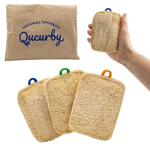 Qucurby All Natural Loofah Kitchen Sponges (3 Pack) - Eco Friendly - Compostable & Biodegradable - Natural Sponges for Dishes (Paper Bag Packaging)