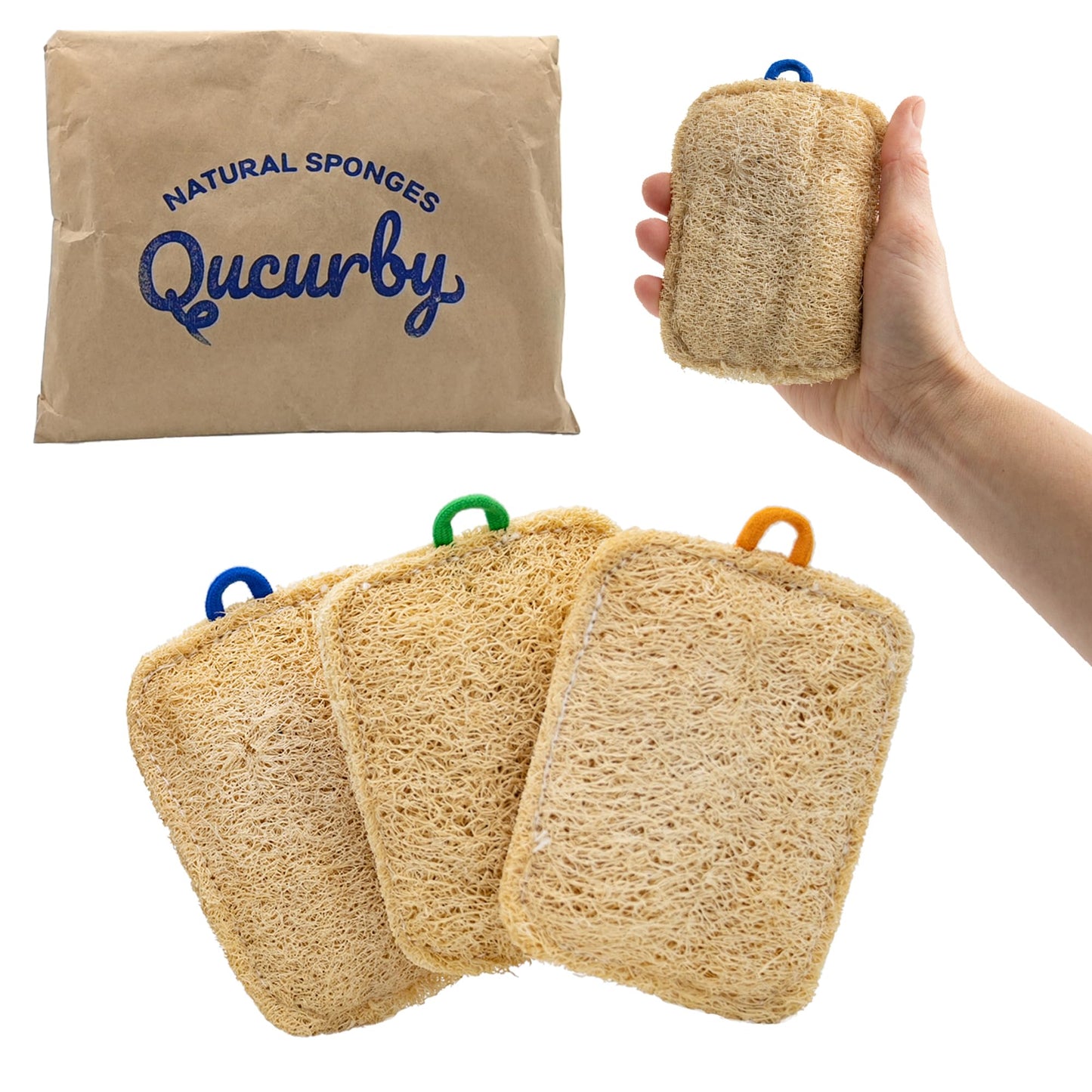 Qucurby All Natural Loofah Kitchen Sponges (3 Pack) - Eco Friendly - Compostable & Biodegradable - Natural Sponges for Dishes (Paper Bag Packaging)
