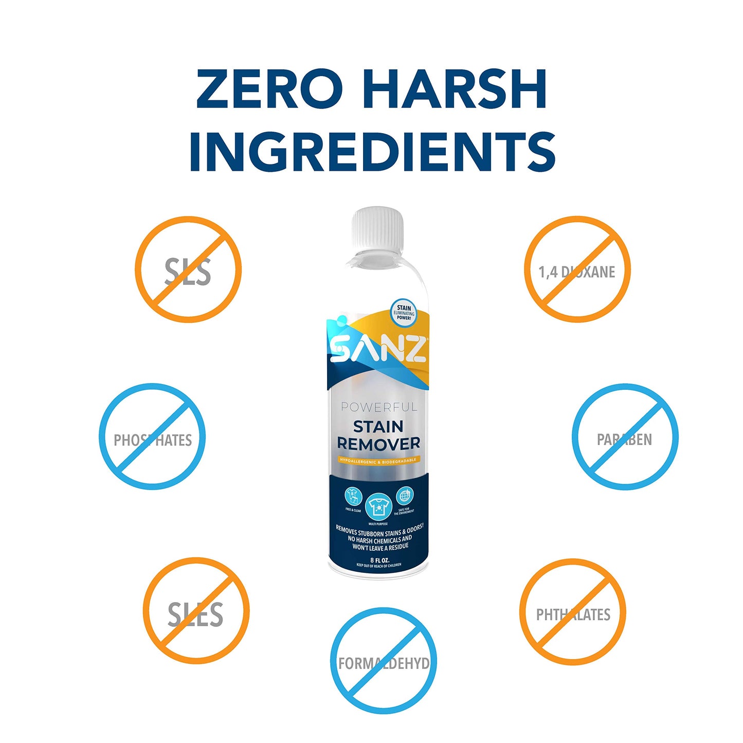 SANZ Stain Remover - For Stubborn Stains & Odors, No Residue, Hypoallergenic, Biodegradable, Zero Harsh Ingredients, 8 oz