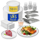 Reli. Plastic Plates for Party | 385 Pcs | White w/Silver Rim | Plates and Napkins Party Supplies | Disposable Dinnerware Set for 55 Guests |Dinner